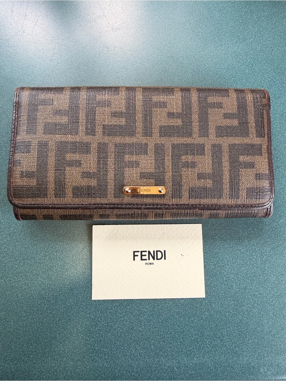 Fendi Vintage Zucca Monogram Continental Flap Wallet with Gold Plaque